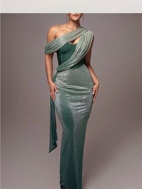 JLUXLABEL One-Shoulder Metallic Sage Green Maxi Dress